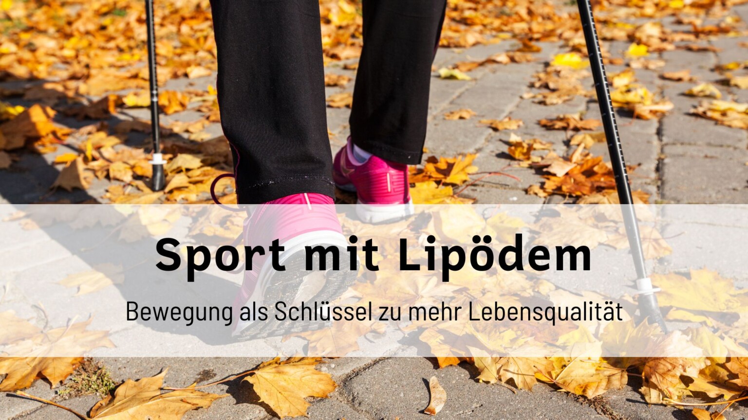 Turnschuhe und Nordic Walking Stöcke auf einer mit Herbstlaub bedeckten Straße – Symbol für Bewegung und Sport mit Lipödem
