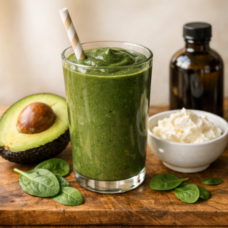 Avocado-Mascarpone-Shake: Cremig, sättigend und perfekt für Keto 2 Avocado-Mascarpone-Shake Cremiger Avocado-Mascarpone-Shake im Glas mit Strohhalm, daneben halbierte Hass-Avocado, Mascarpone und MCT-Öl – perfekt für die ketogene Ernährung.
