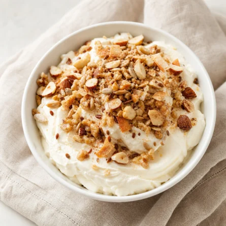 Keto Nussmüsli selbst machen 2 Keto Nussmüsli,ketogenes Frühstück,Low-Carb Granola,Keto Rezept,Frühstück ohne Zucker,gesunde Fette,Keto Frühstücksideen Weißes Schälchen mit viel cremiger Mascarpone-Creme und knusprigem Keto Nussmüsli aus gerösteten Nüssen und Kokosraspeln als Topping