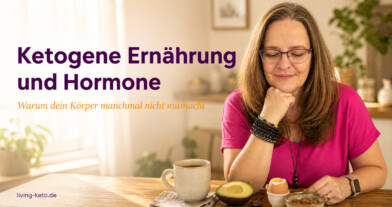 Herzlich Willkommen! 7 ketogene Ernährung Lipödem,keto Rezepte,Karen Wiltner Frau sitzt nachdenklich am Frühstückstisch mit Keto-Lebensmitteln - ketogene Ernährung Hormone verstehen